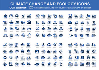 Fototapeta na wymiar Climate change, ecology, green energy, park and weather 120 icon set. Containing global warming, renewable energy, greenhouse, melting ice, earth pollution, outdoor activity. Flat vector illustration 