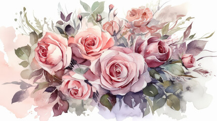 watercolor flowers emerald leaf and pink roses. Generative AI Art Illustration