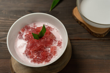 Bubur Pacar Cina or Sago Mutiara Porridge is a special food for the month of Ramadan in Indonesia. selective focus