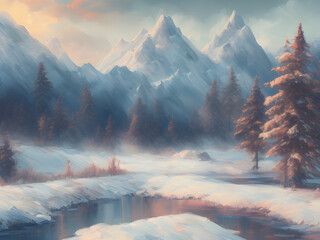 Nature at winter landscape digital painting 03. Illustrations and Clip Art/AI generated.