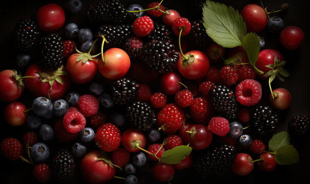 Berries on a dark background, Generative AI