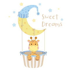 A giraffe is sitting on a moon and is in a cartoon style. Design for a children's bodysuit