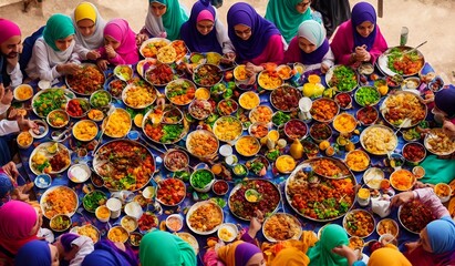 Muslim family gathered around food table celebrating Eid and enjoying food