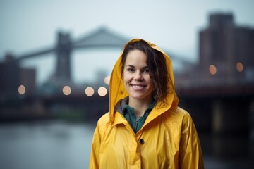 Young woman in yellow raincoat standing in front of New York City.