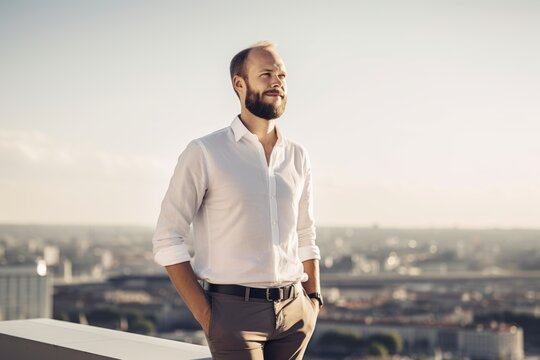 Businessman standing on rooftop and looking away. Handsome young man in white shirt and beige pants.