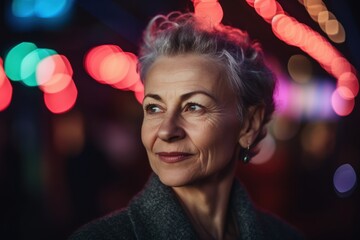 Close-up portrait photography of a satisfied woman in her 50s wearing a chic cardigan against neon lights background. Generative AI