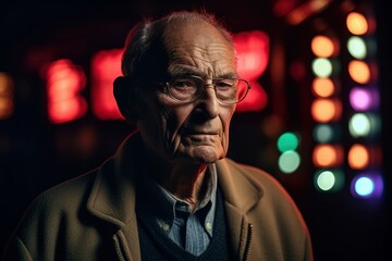 Portrait of an old man with glasses against the background of colored lights