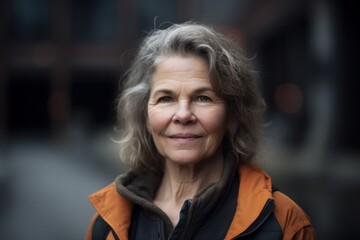 Portrait of a smiling elderly woman in an orange jacket in the city