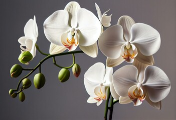 Fototapeta na wymiar white phalaenopsis orchid flowers on a stem, isolated on a white background. Generative AI