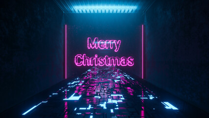 Fantastic tunnel with vibrant neon fluorescent lights and holographic inscription Merry Christmas for fashion banner and template without people in the fantastic 3d illustration - 591668116