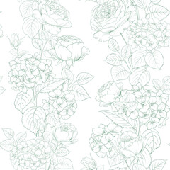 Seamless pattern from flowers of lavender,rose, and hydrangeas on a white background.