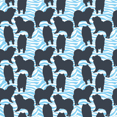 Dog silhouettes pattern fabric. Elegant, soft seamless background, abstract background with chow chow dog shapes for Dog Lovers. Blue and white creative zebra. Birthday present wrapping paper.