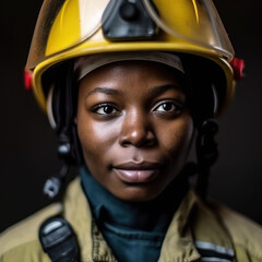 Portrait of an african female firefighter. Fictitious person. An image with a fictional person, not based on real people. Generative AI