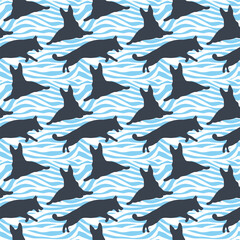 Dog silhouettes pattern fabric. Elegant, soft seamless background, abstract background with German Shepherd dog shapes, fresh ocean, sea waves. Blue and white creative zebra. Birthday present wrapping