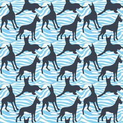 Dog silhouettes pattern fabric. Elegant, soft seamless background, abstract background with Great Dane dog shapes for Dog Lovers. Blue and white creative zebra. Birthday present wrapping paper.