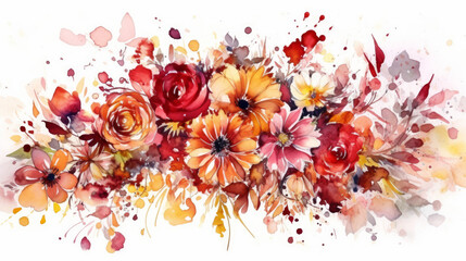 colorful watercolor flowers on white background, in the style of dark orange and dark maroon. Generative AI Art Illustration