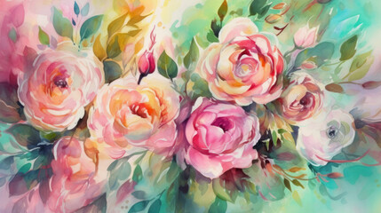 Fototapeta premium watercolor roses, in the style of light pink and light emerald. Generative AI Art Illustration