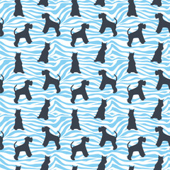 Fototapeta na wymiar Dog silhouettes pattern fabric. Elegant, soft seamless background, abstract background with Miniature Schnauzer dog shapes for Dog Lovers. Blue and white creative zebra.Birthday present wrapping paper