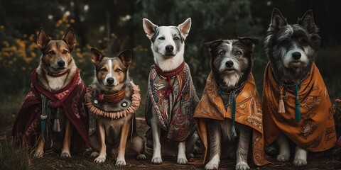 Group of positive dogs of different breeds dressed in beautiful boho clothes, concept of Animal fashion and Canine diversity, created with Generative AI technology