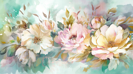 floral watercolor banner with green leaves and pink flowers. Generative AI Art Illustration