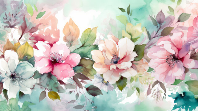 floral watercolor leaves and pink flowers. Generative AI Art Illustration