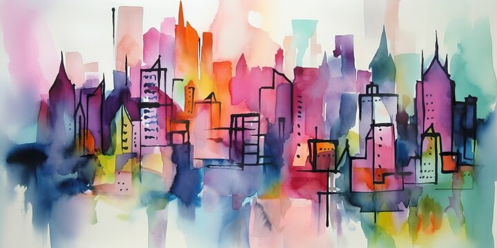 abstract watercolor painting of city skyline in pastel colors, concept of Cityscape painting, created with Generative AI technology