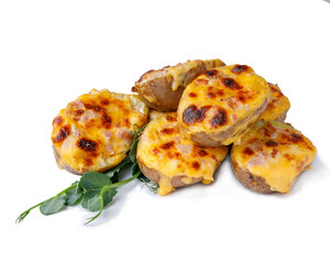 Potatoes with bacon and cheddar cheese
on white background for online restaurant menu, top view