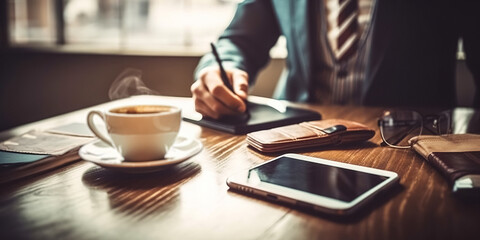 Business man in a suit sitting at a table at office and writing down ideas in a notebook. Businessman sitting at office desk having a coffee break, he is holding a mug and a digital tablet