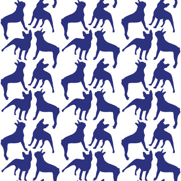Funny pattern with dog silhouette. Clean seamless background, abstract background with boston terrier pet shapes. Birthday present, simple plain wrapping paper. Clean style, colorful, for sewing.