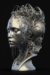 Metal sculpture  of a Female Head in black background Generative AI