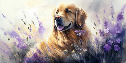 golden retriever watercolor with flower bouquets Generative AI