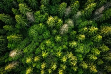 Fototapeta premium Aerial view of green and orange forest. Changing foliage. Top view. Generative ai.