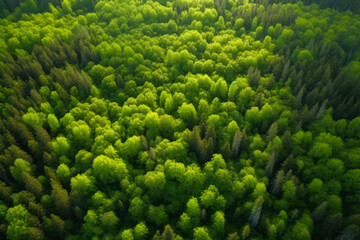 Aerial view of green and orange forest. Changing foliage. Top view. Generative ai.