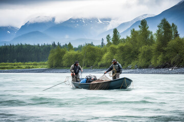 Two fishermen in a small fishing boat. Generative ai.