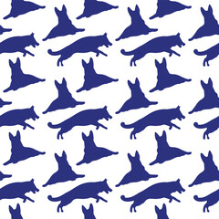 Dog silhouettes pattern fabric. Elegant, soft seamless background, abstract background with German Shepherd dog shapes on a white background. Birthday present, simple plain wrapping paper. Clean style
