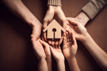 Hands holding paper family cutout. Building home and family concept. Generative ai.