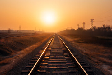 Fototapeta na wymiar Railway track in the evening in sunset. Generative ai.