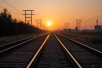 Fototapeta na wymiar Railway track in the evening in sunset. Generative ai.