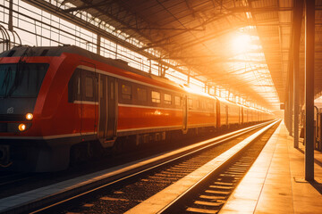Fototapeta na wymiar Railway station with modern red commuter train. Generative ai.