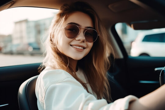 Happy young woman sitting in a car. Generative ai.