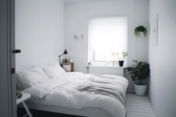 Fototapeta na wymiar Ikea style minimalistic bedroom. Generative ai.