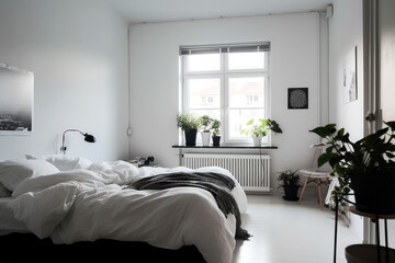 Ikea style minimalistic bedroom. Generative ai.