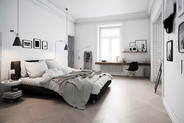 Ikea style minimalistic bedroom. Generative ai.