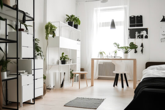 Ikea style minimalistic white walls room with home office and green plants. Generative ai.