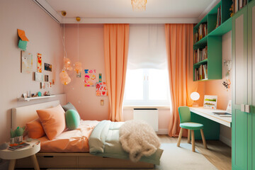 Teenage room, orange cozy bedroom. Generative ai.