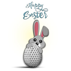 Happy Easter. Rabbit with egg shaped golf ball