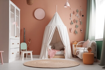 Young child room, teen girl modern bedroom. Generative ai.