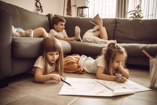 Children playing on the living room floor, drawing. Generative ai.