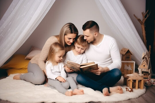 Family with small children reading bedtime stories together. Spending time together. Generative ai