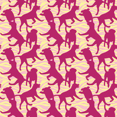 Dog silhouettes pattern fabric. Elegant, soft seamless background, abstract background with pink Labrador retriever dog shapes for Dog Lovers. Pink and yellow zebra. Birthday present wrapping paper.